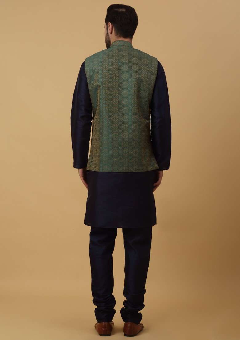 Navy Blue And Green Embroidered Silk Blend Nehru Jacket Set For Men - Indya