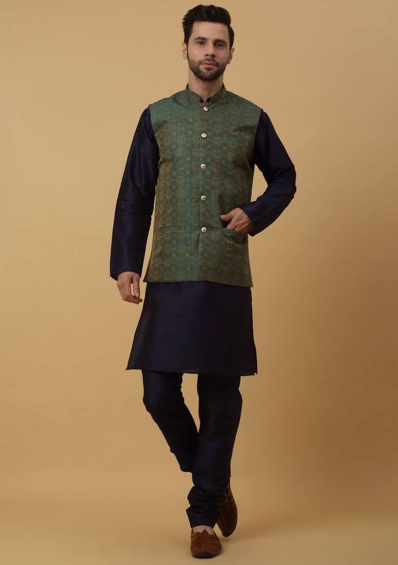 Navy Blue And Green Embroidered Silk Blend Nehru Jacket Set For Men - Indya