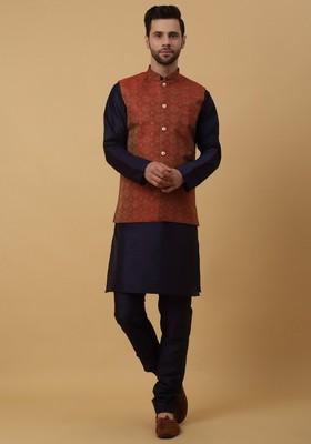 Navy Blue And Maroon Embroidered Silk Blend Nehru Jacket Set For Men
