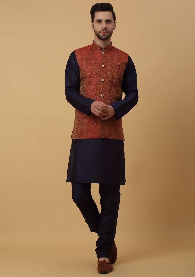 Navy Blue And Maroon Embroidered Silk Blend Nehru Jacket Set For Men - Indya