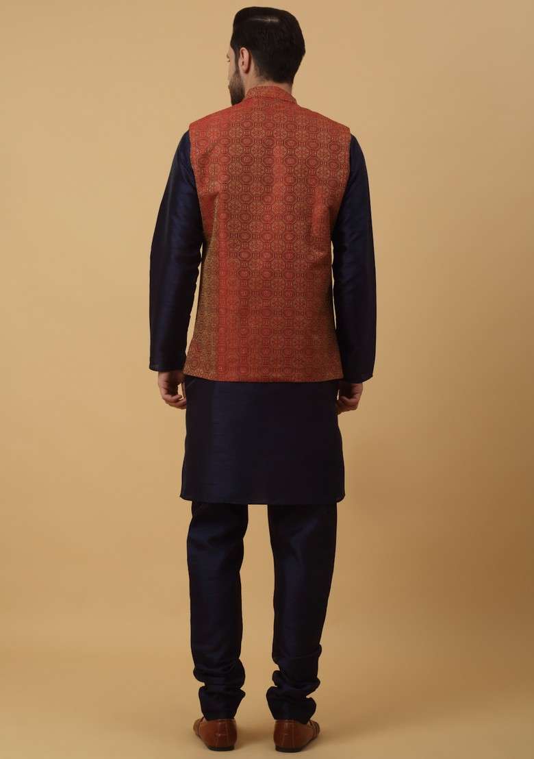 Navy Blue And Maroon Embroidered Silk Blend Nehru Jacket Set For Men - Indya