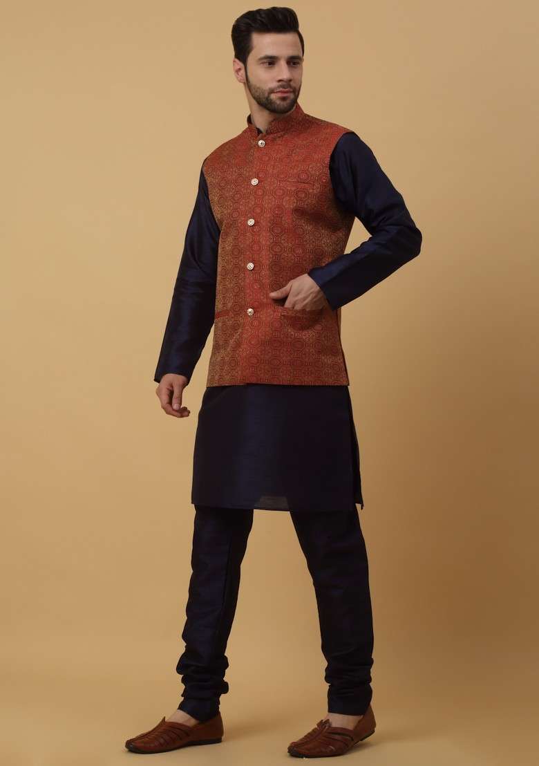 Navy Blue And Maroon Embroidered Silk Blend Nehru Jacket Set For Men - Indya