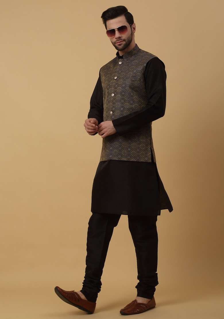 Black And Blue Embroidered Silk Blend Nehru Jacket Set For Men - Indya