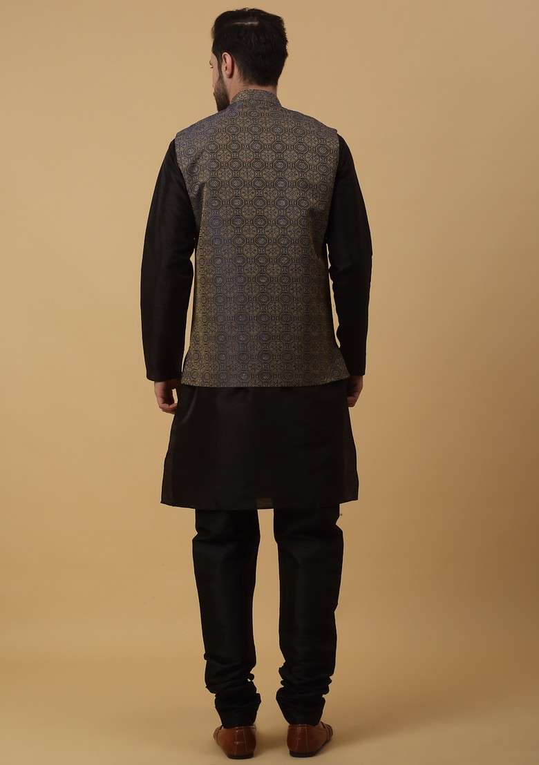 Black And Blue Embroidered Silk Blend Nehru Jacket Set For Men - Indya