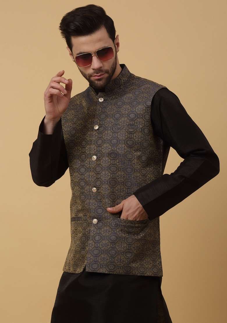 Black And Blue Embroidered Silk Blend Nehru Jacket Set For Men - Indya
