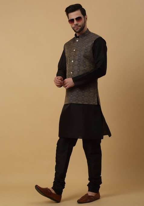 Black And Blue Embroidered Silk Blend Nehru Jacket Set For Men