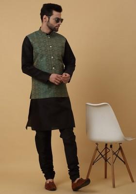 Black And Green Embroidered Silk Blend Nehru Jacket Set For Men