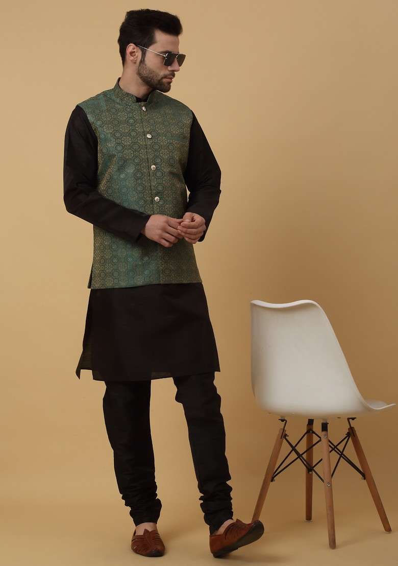 Black And Green Embroidered Silk Blend Nehru Jacket Set For Men - Indya