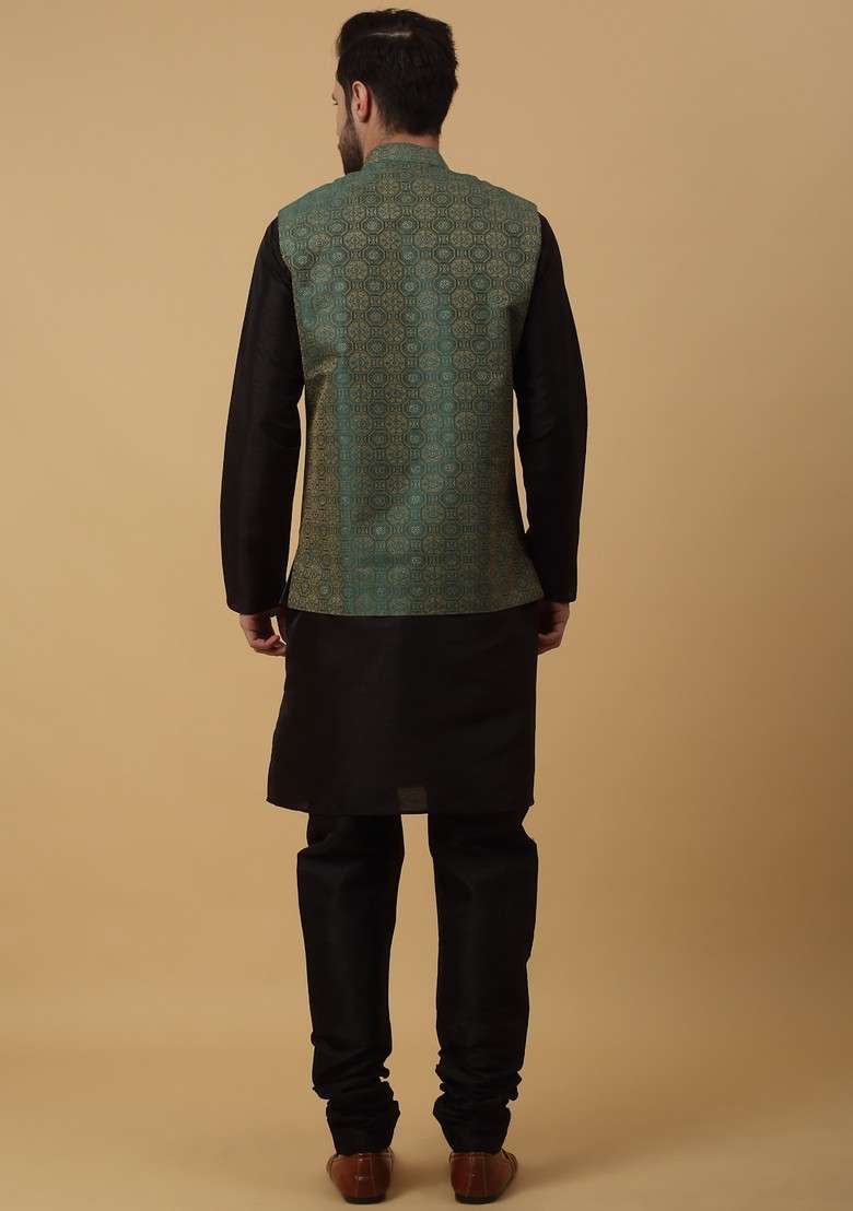 Black And Green Embroidered Silk Blend Nehru Jacket Set For Men - Indya