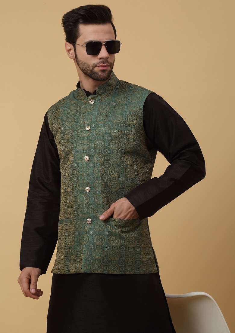 Black And Green Embroidered Silk Blend Nehru Jacket Set For Men - Indya