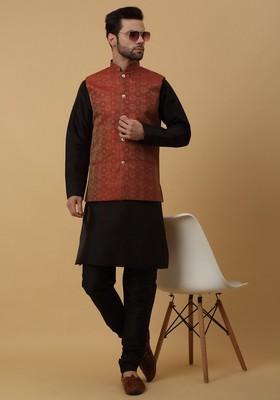 Black And Maroon Embroidered Silk Blend Nehru Jacket Set For Men