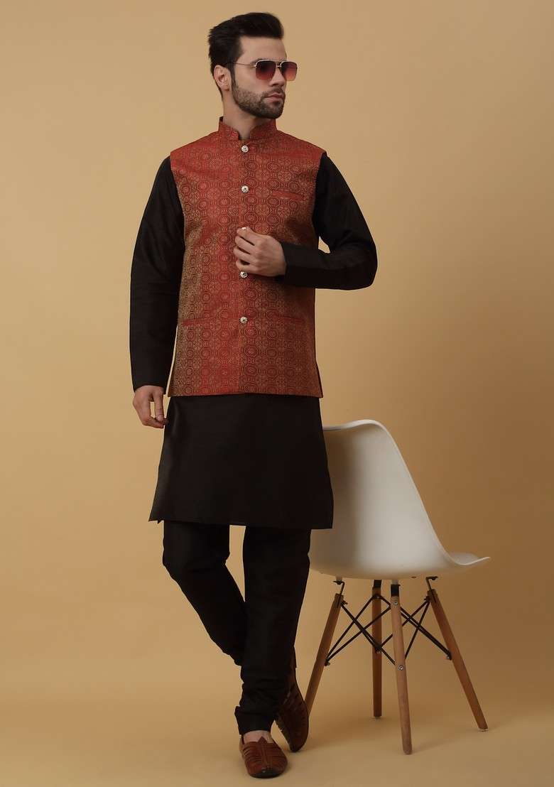 Black And Maroon Embroidered Silk Blend Nehru Jacket Set For Men - Indya