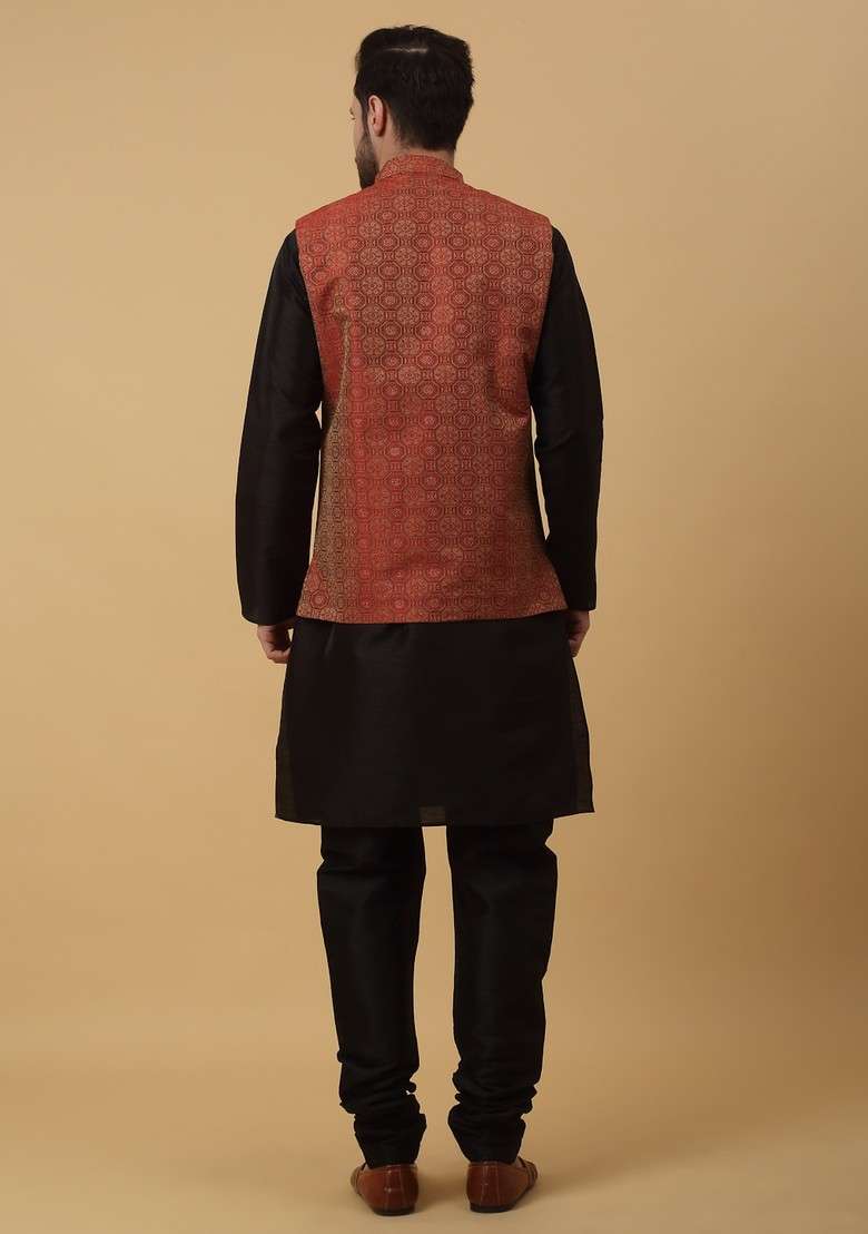 Black And Maroon Embroidered Silk Blend Nehru Jacket Set For Men - Indya
