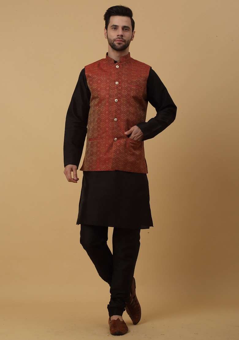 Black And Maroon Embroidered Silk Blend Nehru Jacket Set For Men - Indya