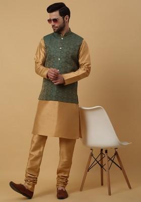 Gold And Green Embroidered Silk Blend Nehru Jacket Set For Men