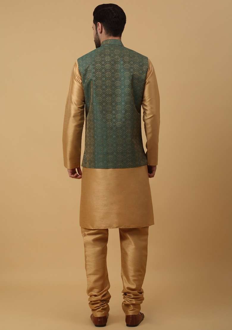 Gold And Green Embroidered Silk Blend Nehru Jacket Set For Men - Indya