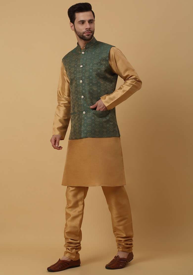 Gold And Green Embroidered Silk Blend Nehru Jacket Set For Men - Indya