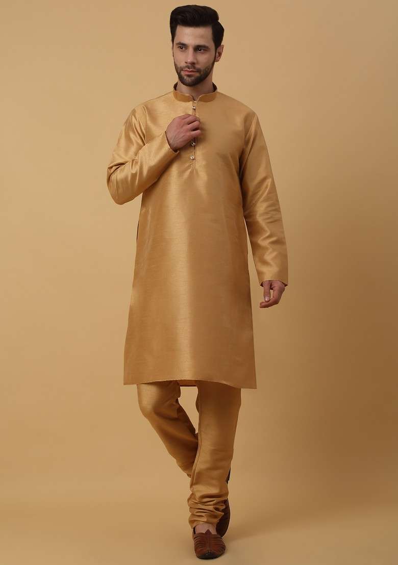 Gold And Green Embroidered Silk Blend Nehru Jacket Set For Men - Indya