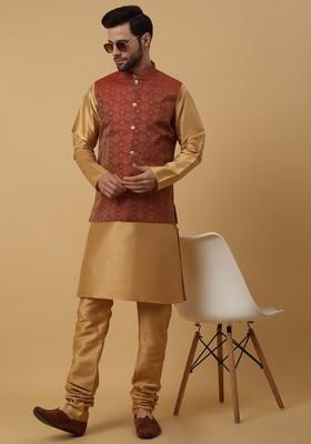Gold And Maroon Embroidered Silk Blend Nehru Jacket Set For Men