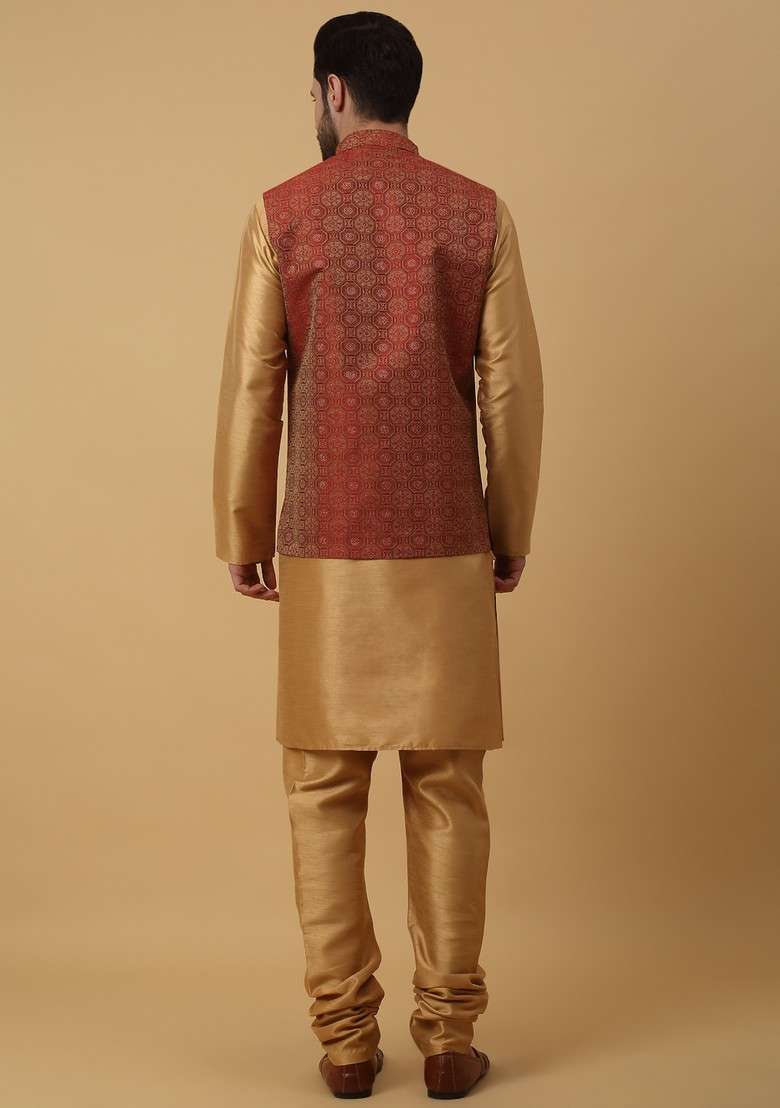 Gold And Maroon Embroidered Silk Blend Nehru Jacket Set For Men - Indya