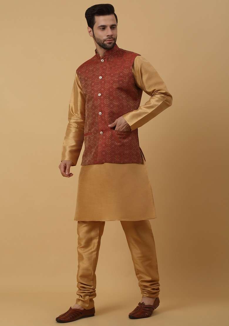 Gold And Maroon Embroidered Silk Blend Nehru Jacket Set For Men - Indya