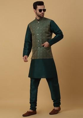 Green Embroidered Silk Blend Nehru Jacket Set For Men