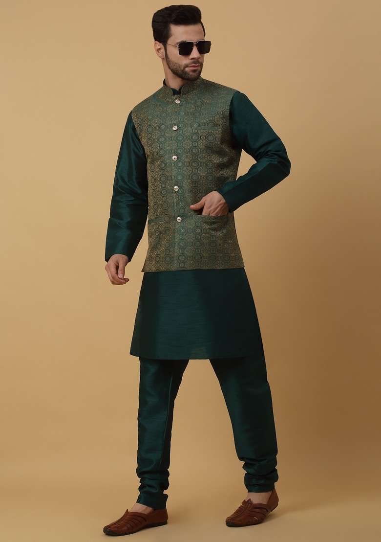 Green Embroidered Silk Blend Nehru Jacket Set For Men - Indya