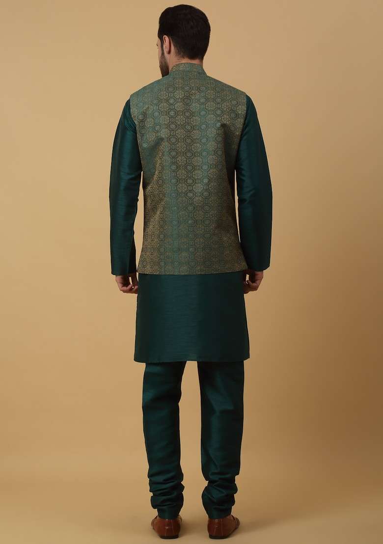 Green Embroidered Silk Blend Nehru Jacket Set For Men - Indya