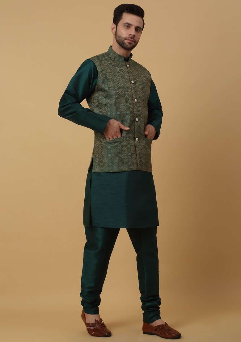 Green Embroidered Silk Blend Nehru Jacket Set For Men - Indya