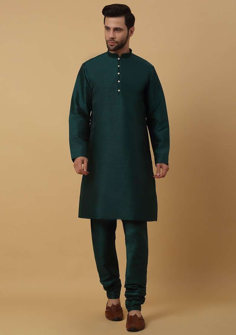 Green Embroidered Silk Blend Nehru Jacket Set For Men - Indya
