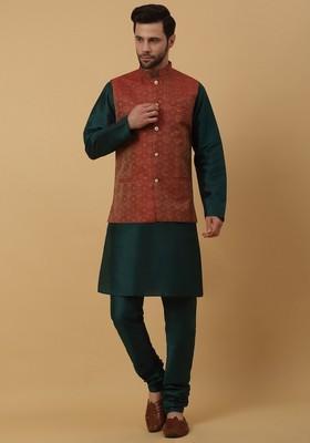 Green And Maroon Embroidered Silk Blend Nehru Jacket Set For Men