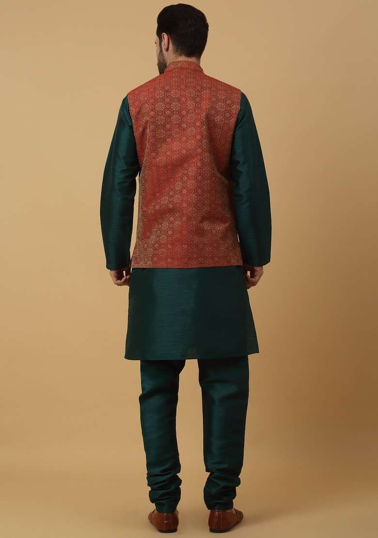 Green And Maroon Embroidered Silk Blend Nehru Jacket Set For Men - Indya