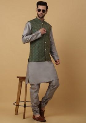 Grey And Green Embroidered Silk Blend Nehru Jacket Set For Men