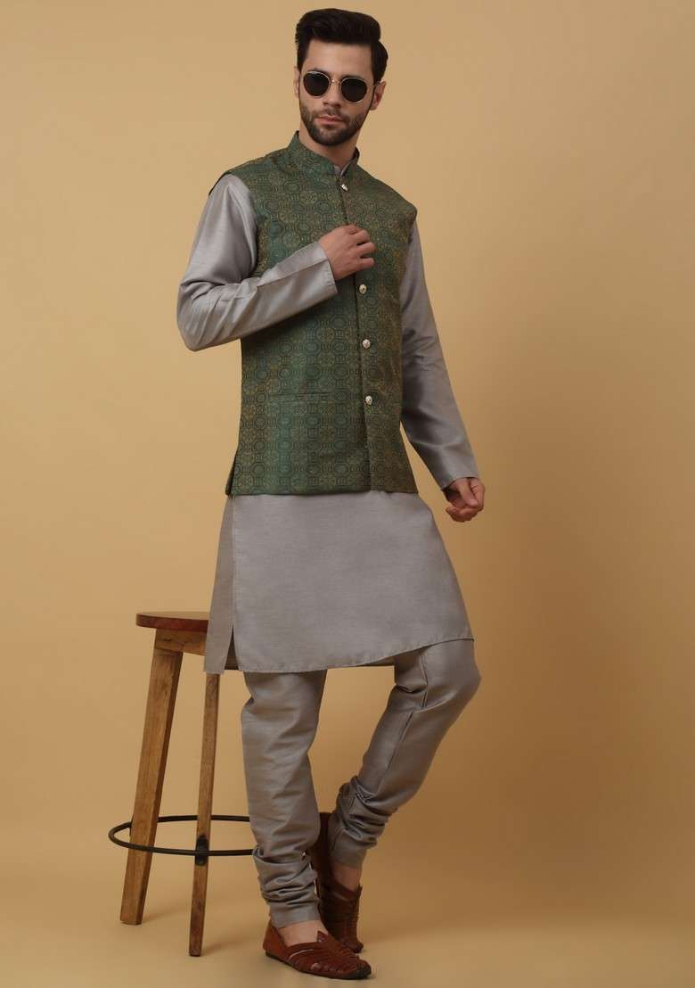 Grey And Green Embroidered Silk Blend Nehru Jacket Set For Men - Indya