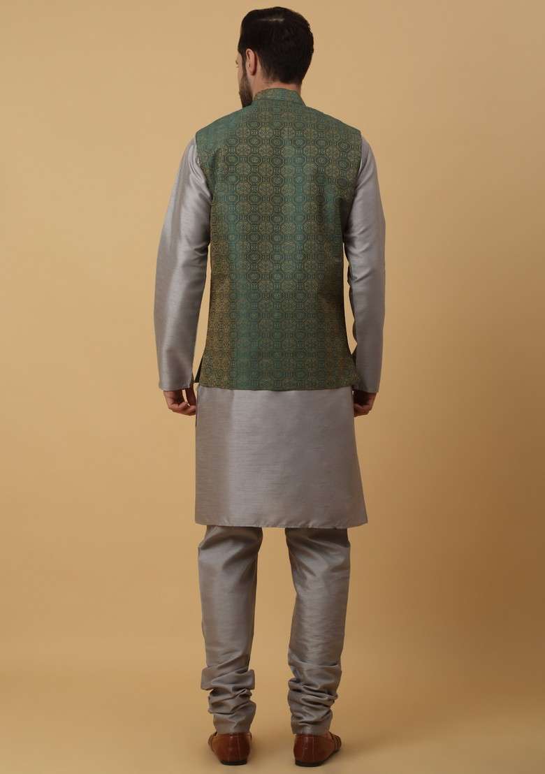 Grey And Green Embroidered Silk Blend Nehru Jacket Set For Men - Indya