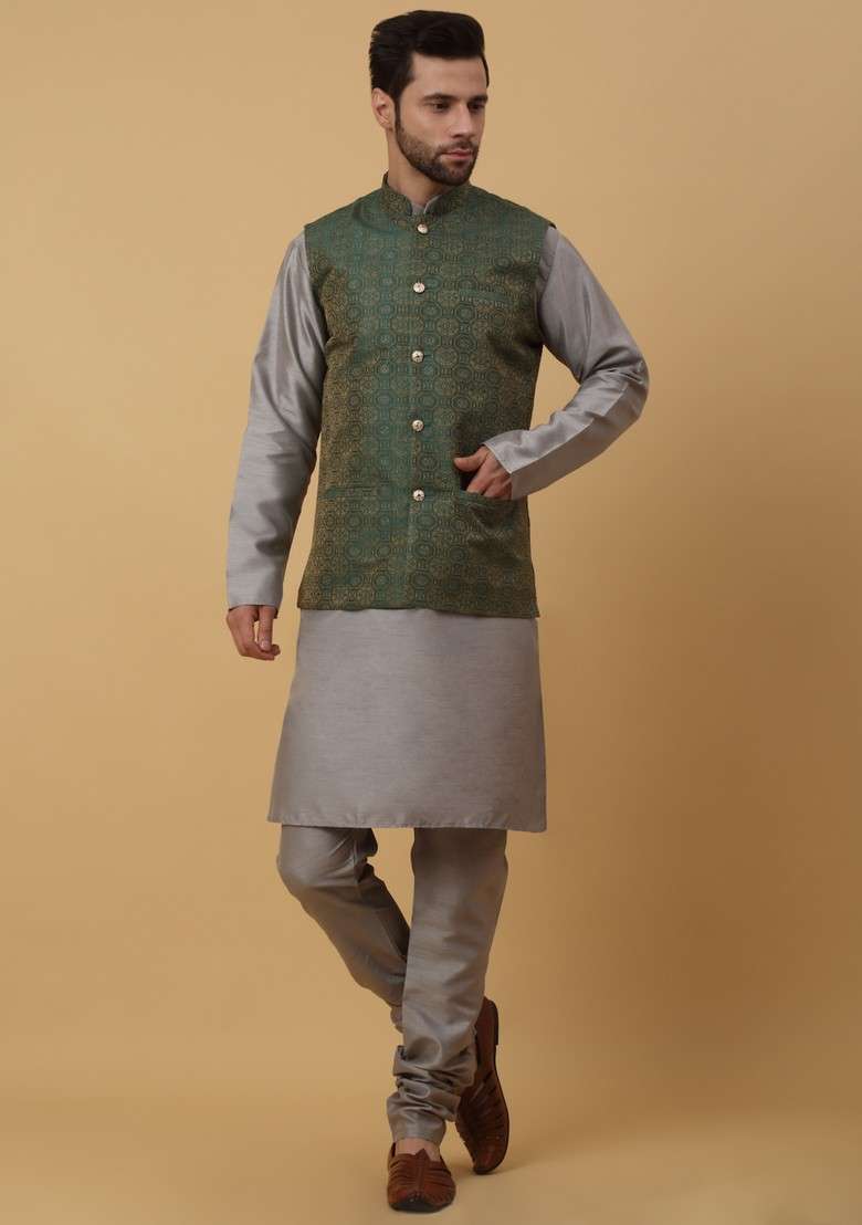 Grey And Green Embroidered Silk Blend Nehru Jacket Set For Men - Indya