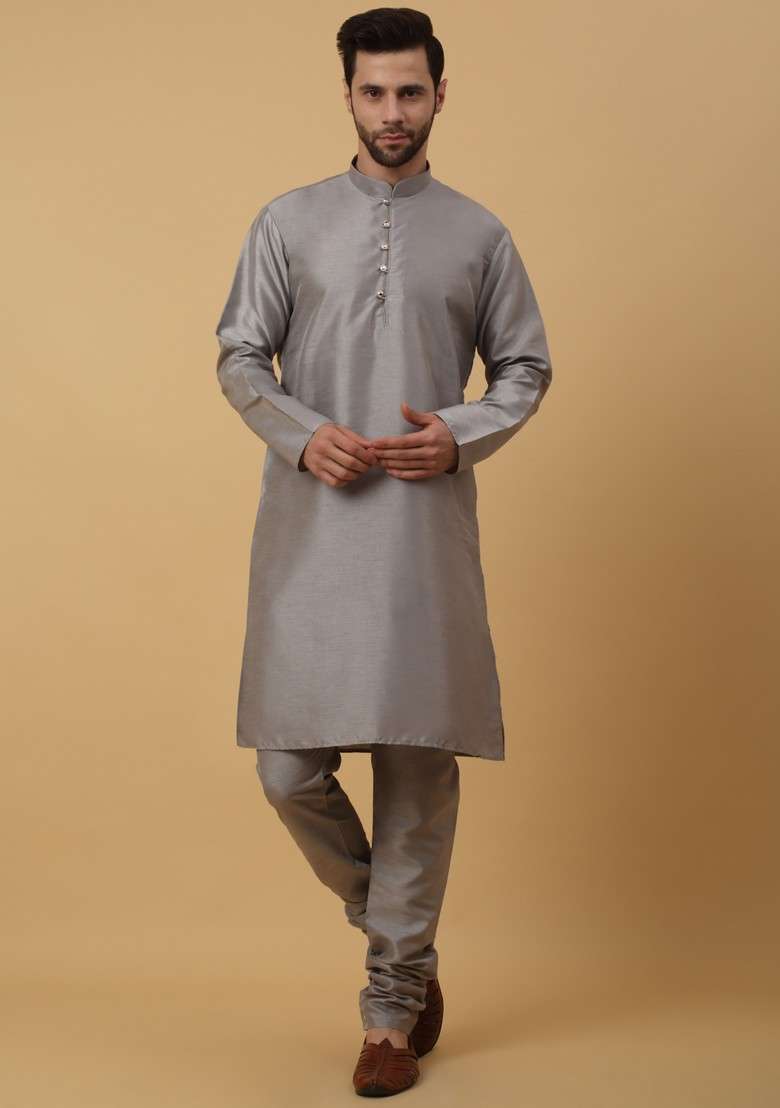 Grey And Green Embroidered Silk Blend Nehru Jacket Set For Men - Indya