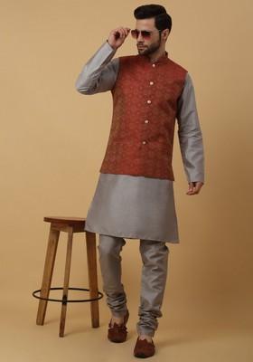 Grey And Maroon Embroidered Silk Blend Nehru Jacket Set For Men