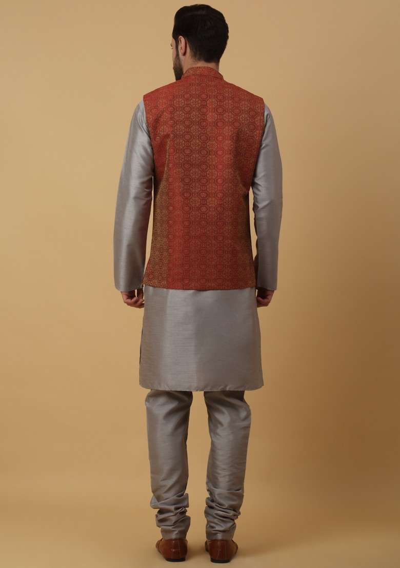 Grey And Maroon Embroidered Silk Blend Nehru Jacket Set For Men - Indya