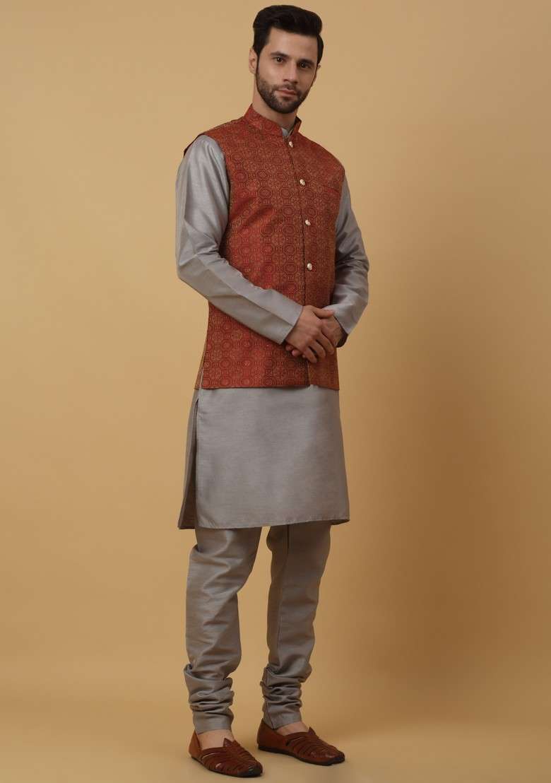 Grey And Maroon Embroidered Silk Blend Nehru Jacket Set For Men - Indya