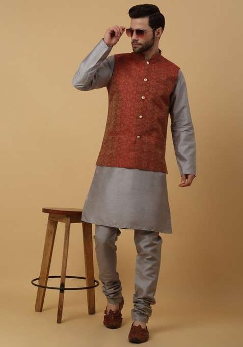 Grey And Maroon Embroidered Silk Blend Nehru Jacket Set For Men