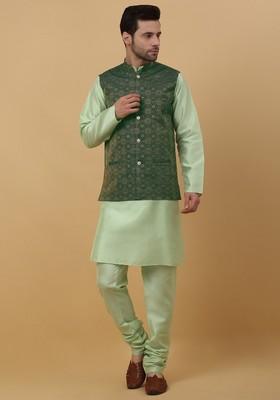 Sea Green And Green Embroidered Silk Blend Nehru Jacket Set For Men