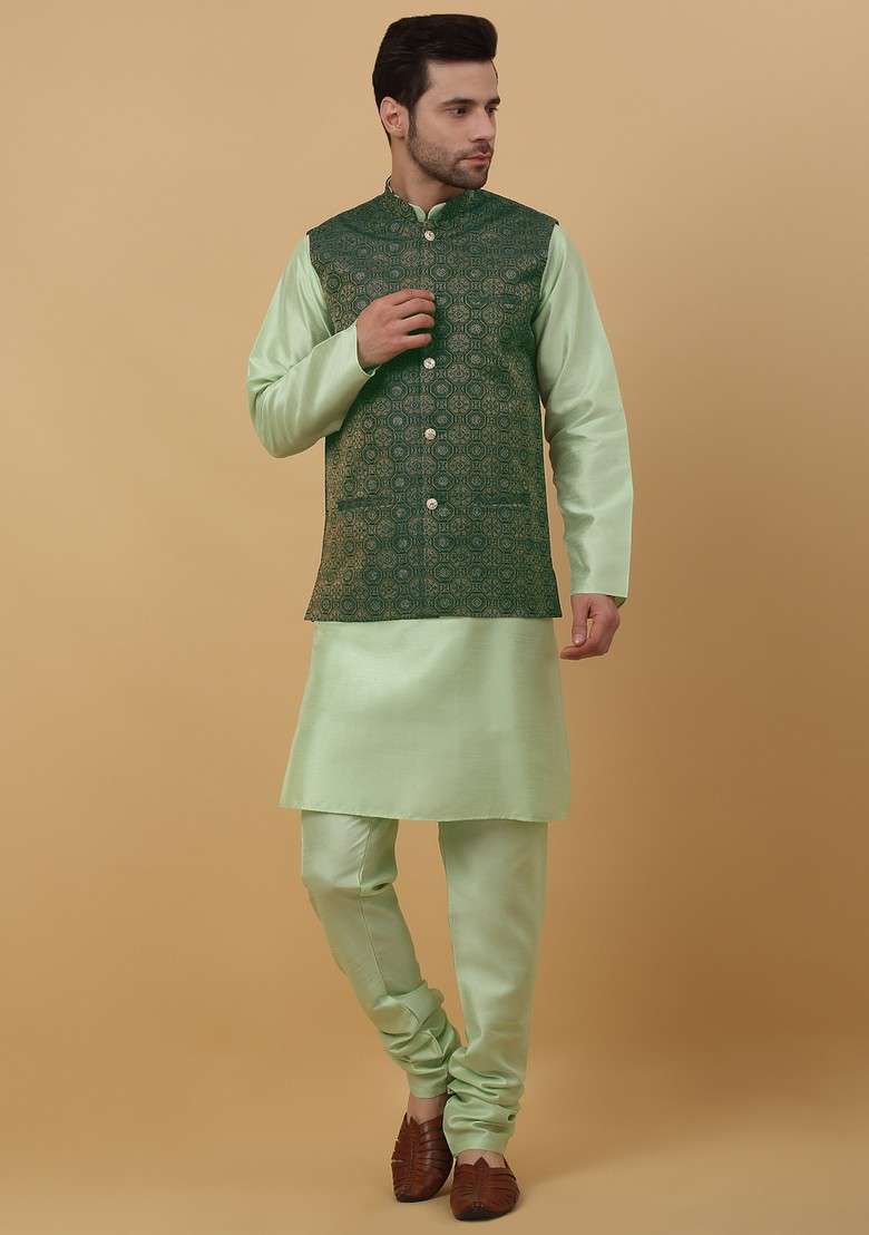 Sea Green And Green Embroidered Silk Blend Nehru Jacket Set For Men - Indya
