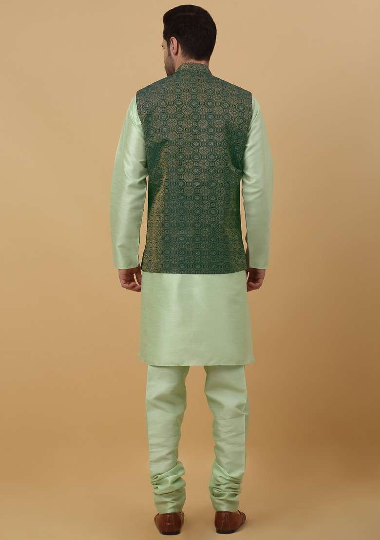 Sea Green And Green Embroidered Silk Blend Nehru Jacket Set For Men - Indya
