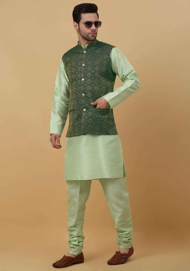 Sea Green And Green Embroidered Silk Blend Nehru Jacket Set For Men - Indya