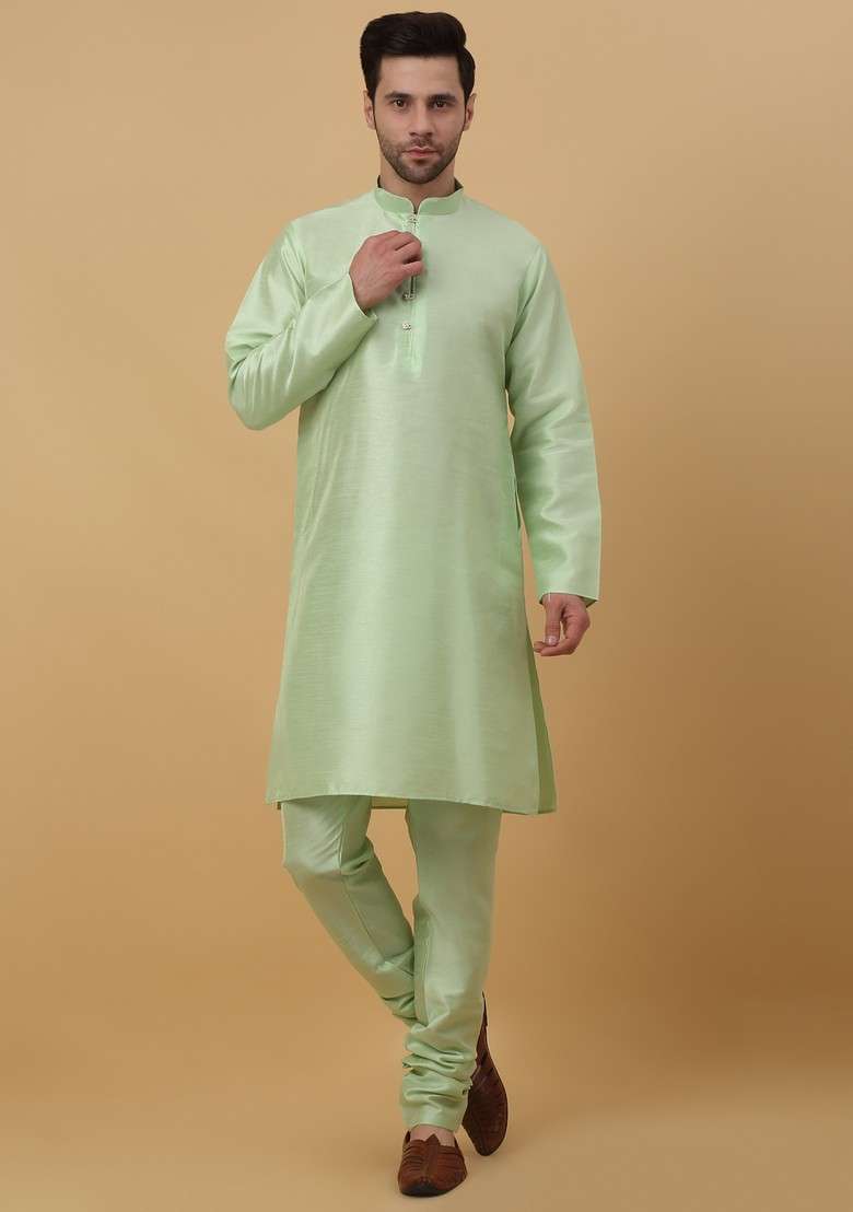 Sea Green And Green Embroidered Silk Blend Nehru Jacket Set For Men - Indya