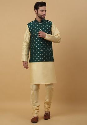 Beige And Green Embroidered Silk Blend Nehru Jacket Set For Men