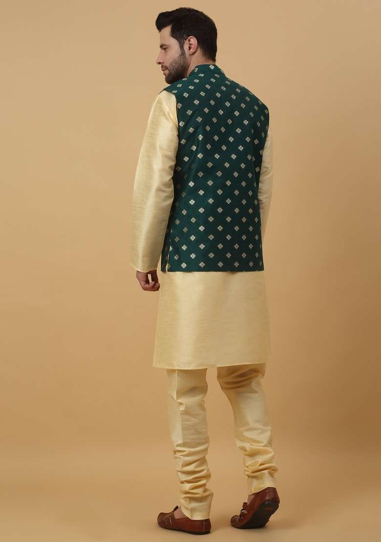 Beige And Green Embroidered Silk Blend Nehru Jacket Set For Men - Indya
