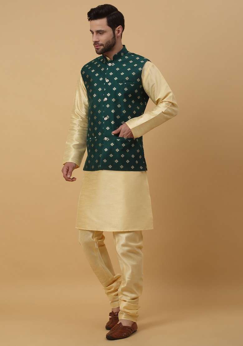 Beige And Green Embroidered Silk Blend Nehru Jacket Set For Men - Indya