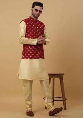 Beige And Red Embroidered Silk Blend Nehru Jacket Set For Men